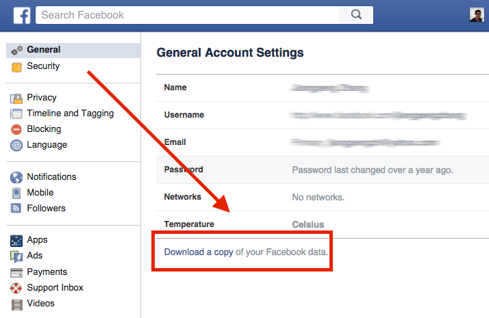 Facebook setting download a copy