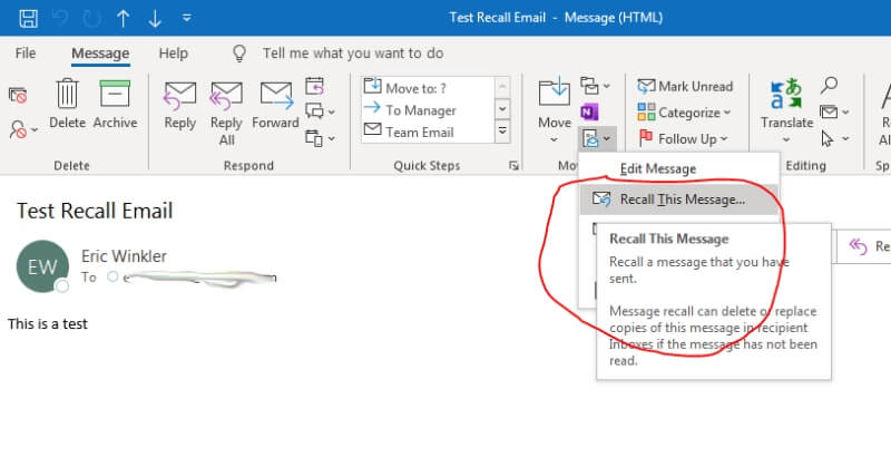 how do i recall an email in outlook 365